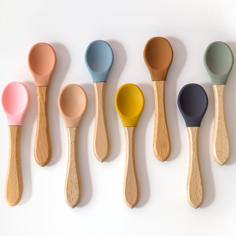 Baby Food Dispensing Spoon - Drewniana rączka do karmienia Łyżka silikonowa
